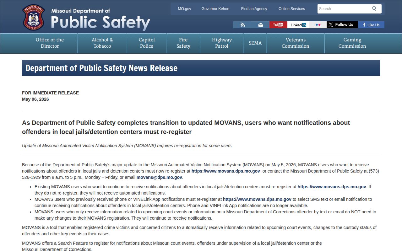 Schuyler County MOVANS release notification transition notice from May 2026